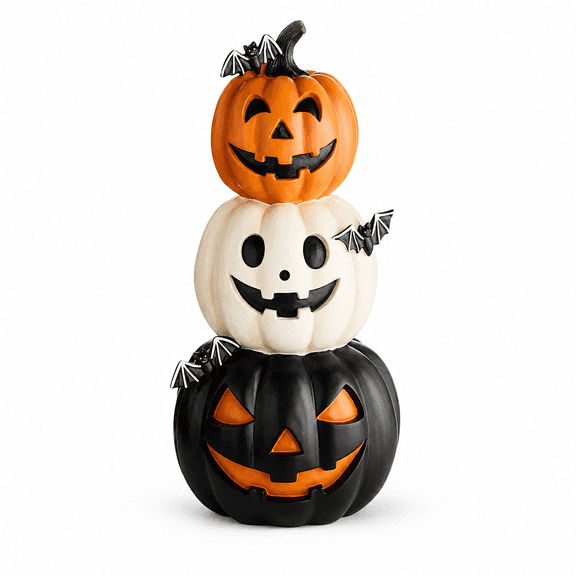Stacked Jack O Lantern Halloween Decoration, Resin Pumpkin Tower Tabletop Dcor with Bat Accents for Mantel, Shelf, Entryway & Seasonal Display