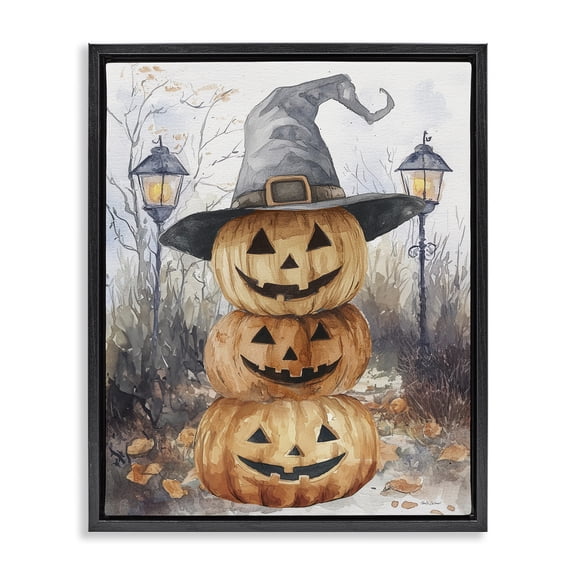 Stupell Industries Stacked Jack-o-Lanterns with Witch Hat Black Framed Floater Canvas Wall Art, design by Nicole DeCamp, 31 x 25