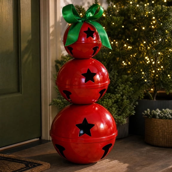 Stacked Metal Jingle Bells Christmas Decoration, Red Tiered Bell Ornament with Green Bow, Indoor & Outdoor Seasonal Holiday Decor for Porch, Fireplace and Tabletop