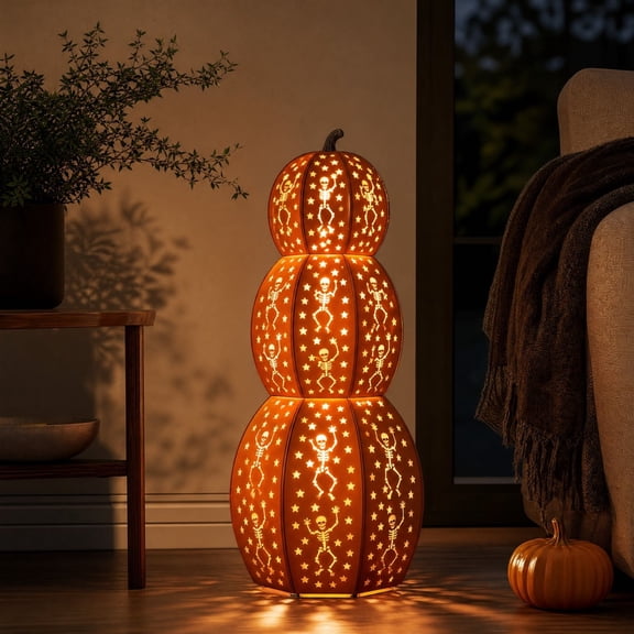 Stacked Orange Halloween Pumpkins, Lighted Plastic Pumpkins with Skeleton Cuts, Indoor and Outdoor Halloween Decor for Yard and Party, 6in 8in 10in
