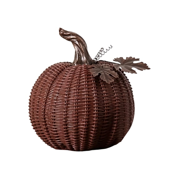 Stacked Pumpkin Decor for Fall Decorations, Basketweave Pattern Figurine with Metal Leaves, Rustic Thanksgiving Table Centerpiece Home Tabletop Ornament,E