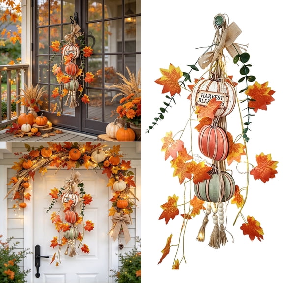 Stacked Pumpkin Door Decor - Lighted Wooden Fall Hanging for Front Door, Porch, and Entryway Decor.
