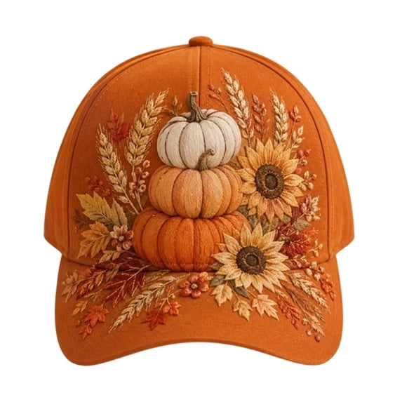 Stacked Pumpkin Sunflower Baseball Cap Autumn Harvest Wheat Printed Adjustable Peaked Cap For Outdoor Gardening Camping Travel Daily Wear(Orange-55~60cm)