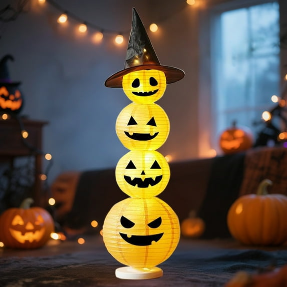 Stacked Pumpkin with Wizard Hat Halloween Night Light for Home Decor, Indoor Outdoor Porch Party Decoration, LED Paper Lantern, Warm Yellow Illumination