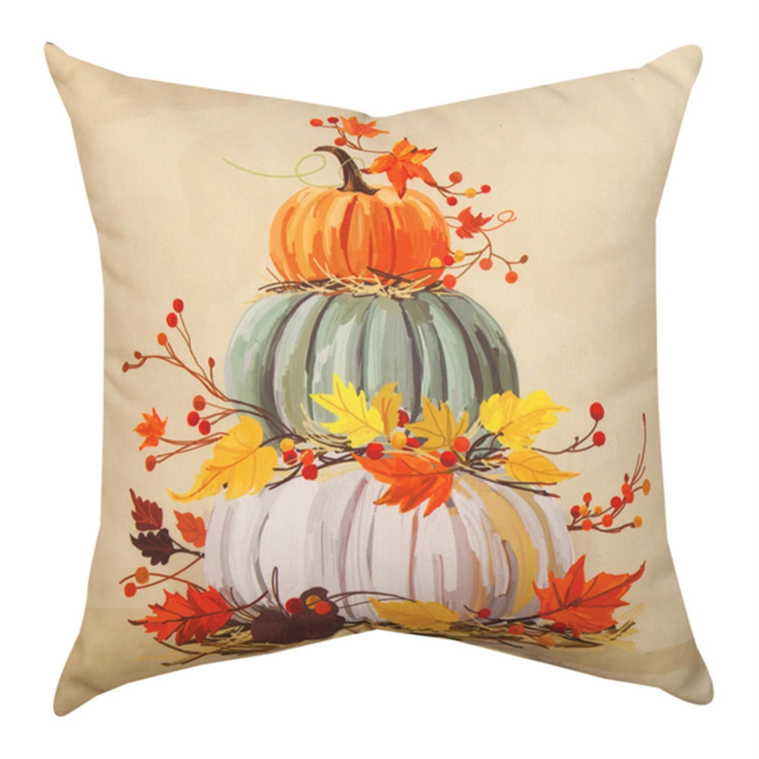 Fall Stacked Pumpkins Pillow Fabric Indoor Outdoor Leaves Slskpk