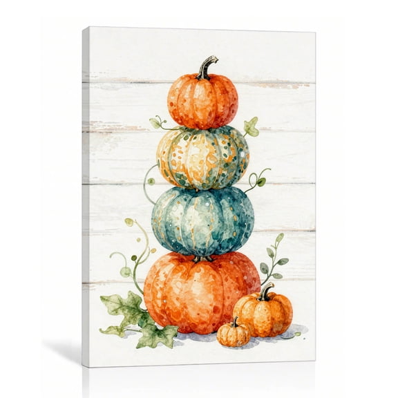 Stacked Pumpkins Fall Wall Art Large Farmhouse Canvas Print Teal Orange Gallery Wrapped Canvas Dining Room Decor 24"L x 36"W