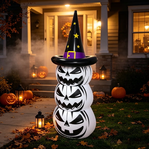 Stacked Pumpkins That Come Alive After Dark: 5.5 FT Witch Hat Inflatable with Glowing LED Eyes for Front Yard Halloween Decor