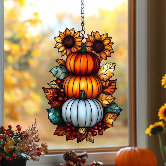 Stacked Pumpkins With Sunflowers Acrylic Faux Stained Glass Suncatcher Window Hanging Autumn Harvest Decor Gift