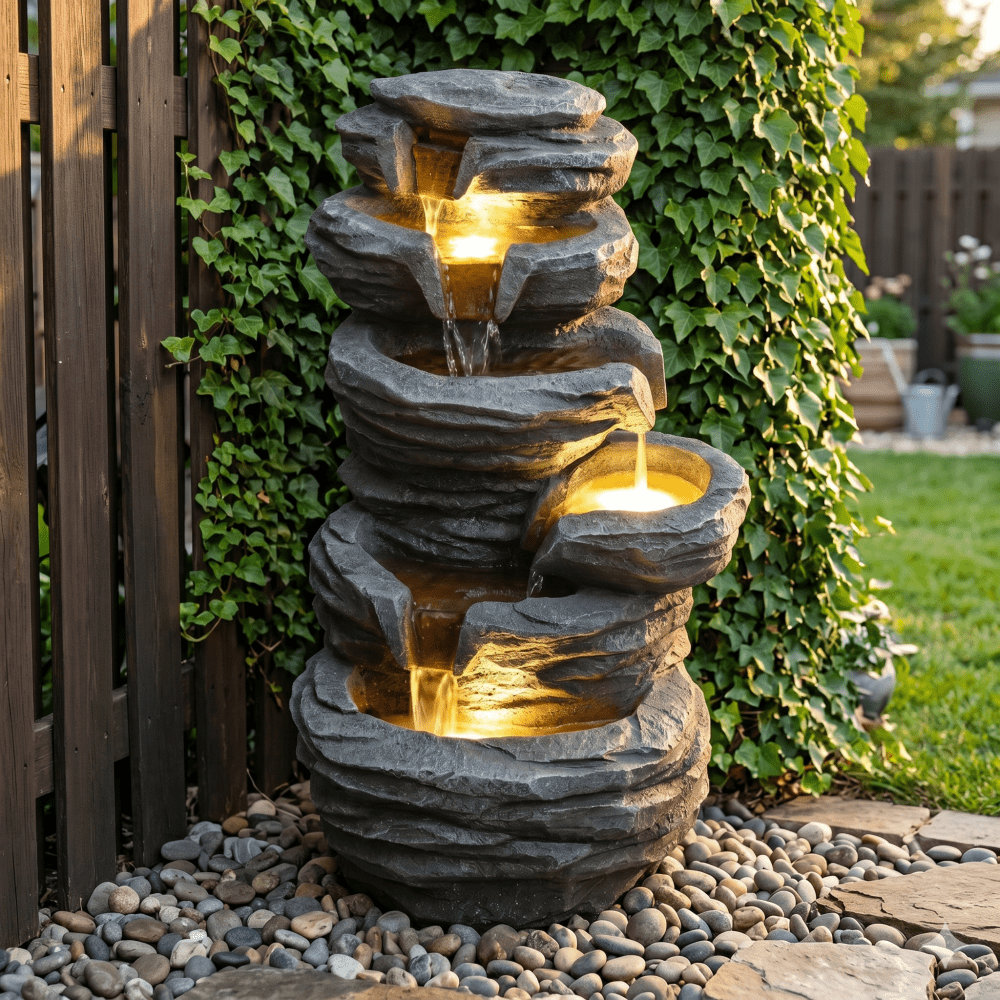 Stacked Rock Outdoor Waterfall Fountain with Warm LED Lights, Multi-Tier Cascading Water Feature Resin Garden Decor for Patio Yard Porch Landscape