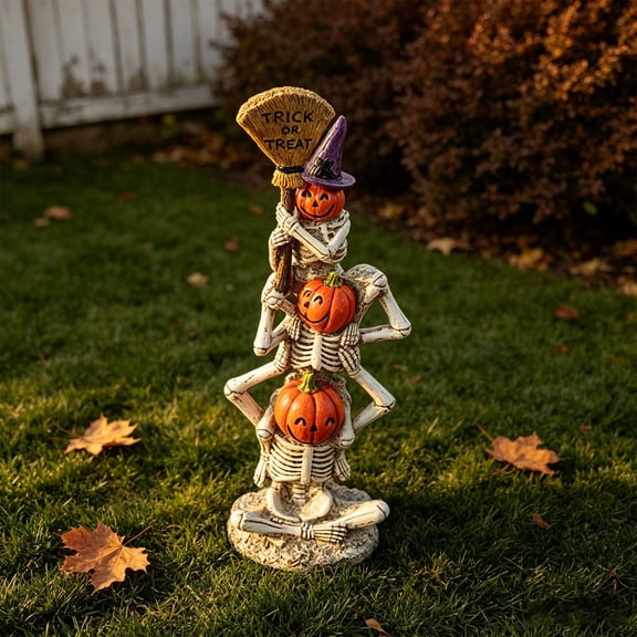 Stacked Skeleton Halloween Decor Figurine With Pumpkin Heads, Brooms, White Resin Tabletop Statue for Fall Home Party Mantel Shelf and Indoor Display