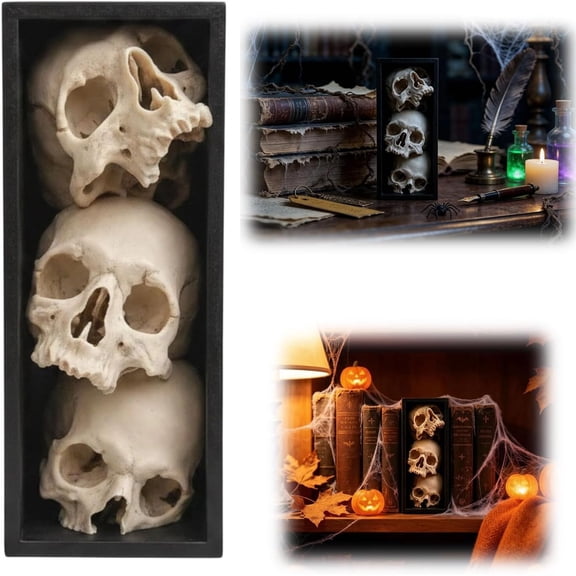 Stacked Skulls Book Nook Bookshelf Insert Gothic Dark Academia Decor 3D Printed Detailed Spooky Shelf Accent (Black)