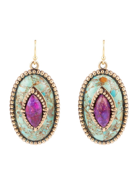 Stacked Stone Blue and Purple Turquoise Golden Drop Earrings