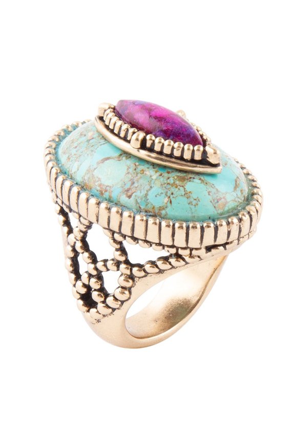 Stacked Stone Blue and Purple Turquoise Golden Ring