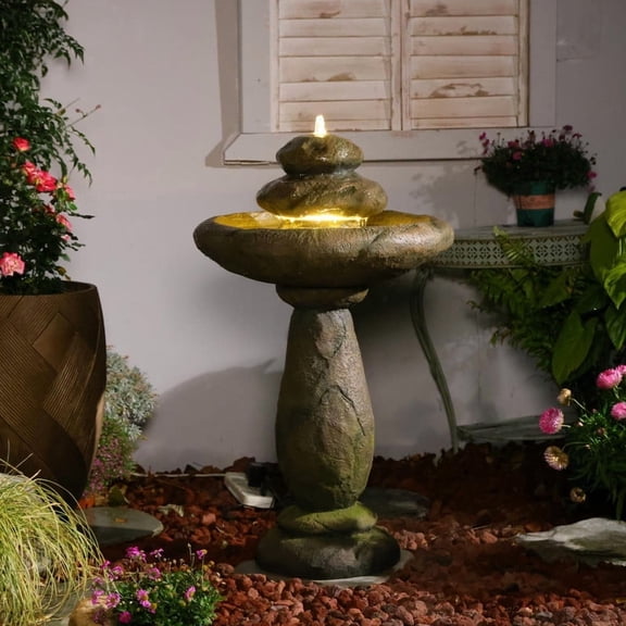 Stacked Stone Cascading Outdoor Water Fountain with LED Light, Resin Floor Fountain for Garden Patio Backyard Decor, Wired Electric Powered