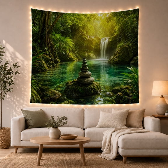 Stacked Stones in a Sunlit Tropical Waterfall Forest, Serene Digital Art for Nature Lovers, Spa Wall Art, Housewarming Gift, Tapestry Wall Hanging for Bedroom and Living Room