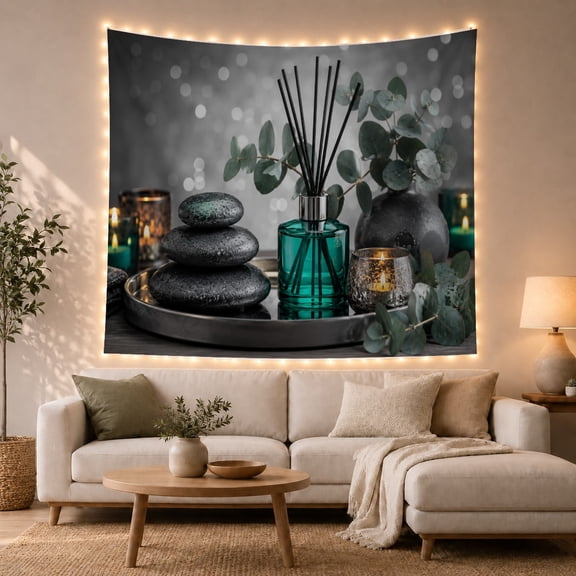 Stacked Stones with Teal Bottle and Eucalyptus on Tray, Calming Boho for Spa Decor Enthusiasts, Polished Tranquil Wall Art, Housewarming Gift, Tapestry Wall Hanging for Living Room and Bedroom