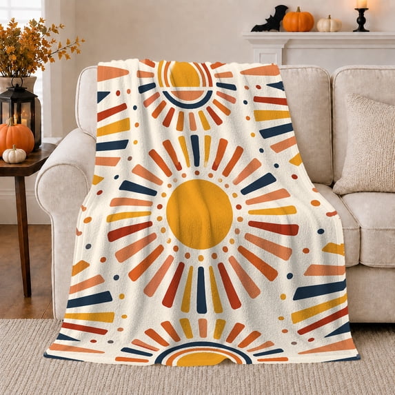 Stacked Sunburst Circles on Cream, Cheerful Modern Style for Sun Lovers, Geometric Solar Dot Pattern and Birthday Gift, Soft Flannel Blanket for Bedroom and Living Room, Home Decor