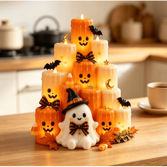 Stacked Tiered Ghost Candle Multi-Layer Flameless LED Pumpkin Decor, Witch Statue Candy Corn Trim Resin Tower, Autumn Harvest Farmhouse Mantel & Bookshelf Figurine