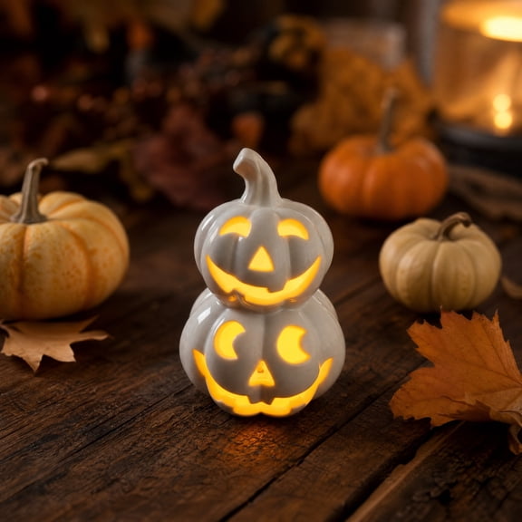 Stacked White Ceramic Pumpkin LED Table Lamp Halloween Skull Decor