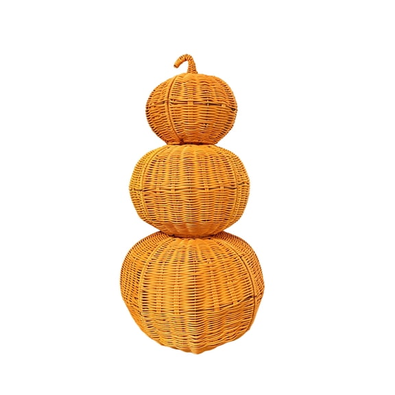 Stacked Wicker Pumpkin Decor Fall Harvest Table Centerpiece Detachable Assemble Required Rustic Autumn Porch Display for Halloween Thanksgiving Warm Orange 3 Piece Set