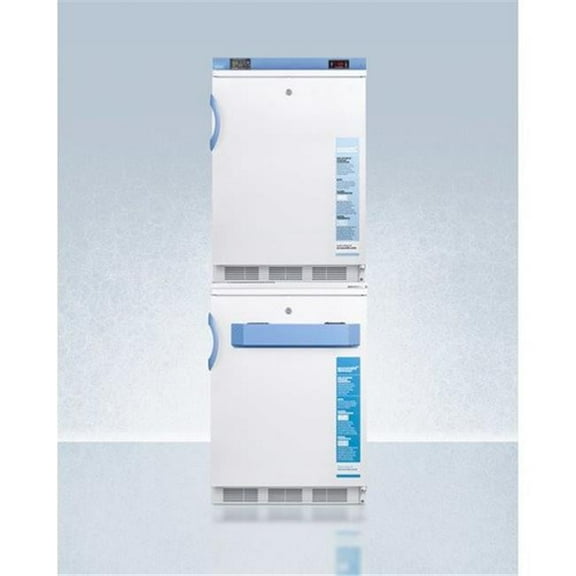 Stacked combination of FF7LWBIMED2 auto defrost all-refrigerator and VT65MLBIMED2 manual defrost -25C all-freezer, both with locks, digital controls, and NIST calibrated alarm/thermometers