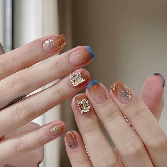 Stacked diamond flash diamond explosion flash wearing nail French blue manicure fake nail explosion hot-selling Xiaohongshu nail wholesale