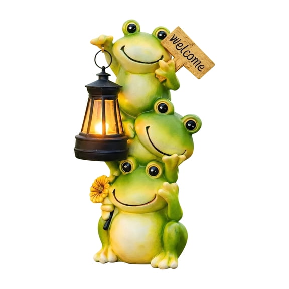 Stacked frog solar garden statue lamp, with warm lantern and welcome sign, waterproof resin outdoor frog solar ornament for patio lawn porch, cute gardening gift for mom grandma women