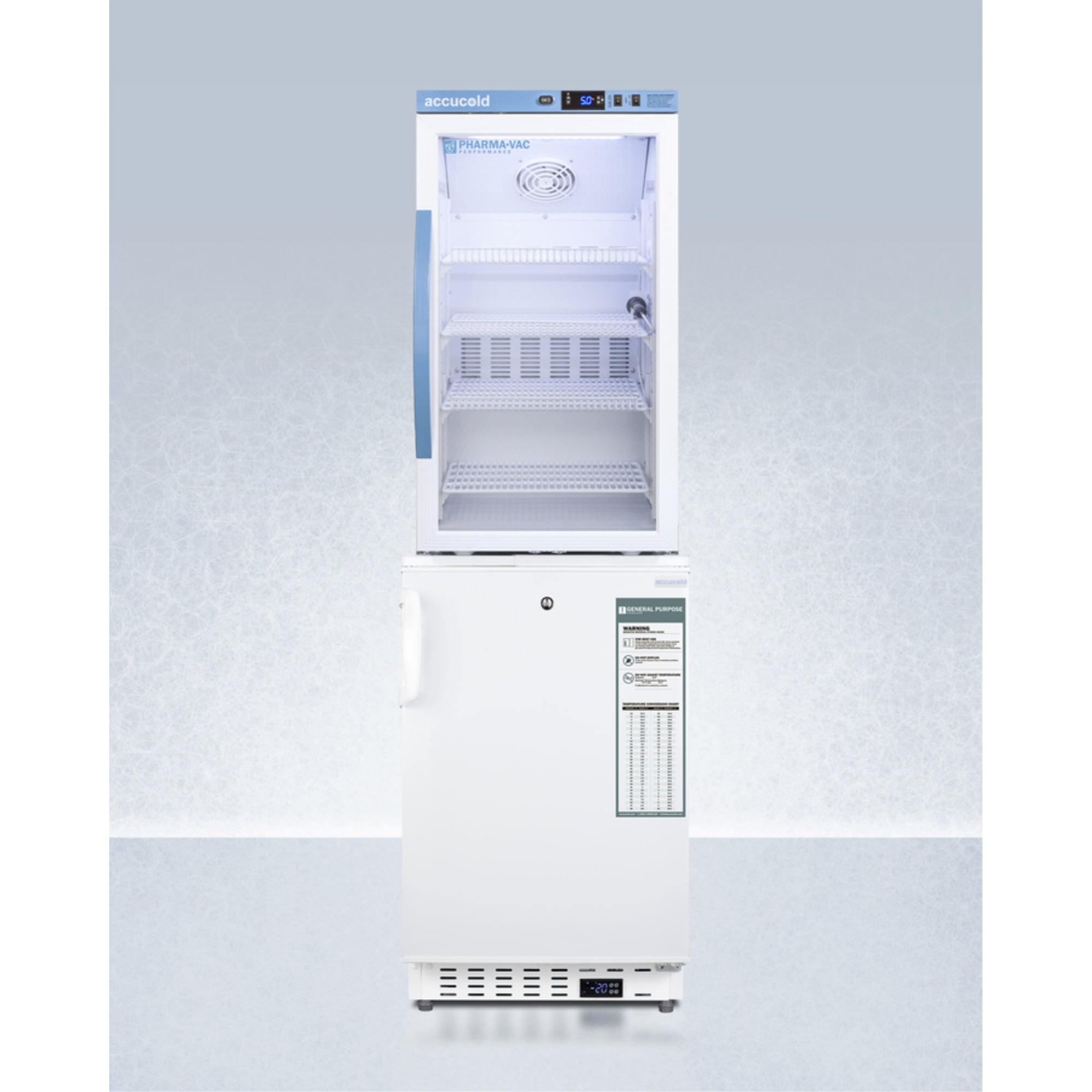 Stacked vaccine refrigerator-freezer combination
