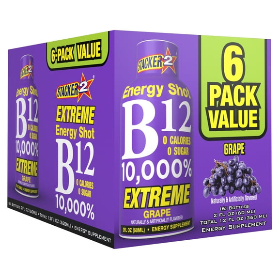 Stacker 2 B12 10,000% Energy Shot Grape, 2 oz, 6 Count