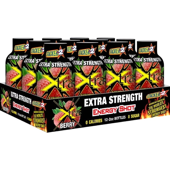 Stacker Extra Strength Energy Shot, Berry Flavor, 0 Calories, 0 Sugar, 2 oz Bottles, 12 Pack