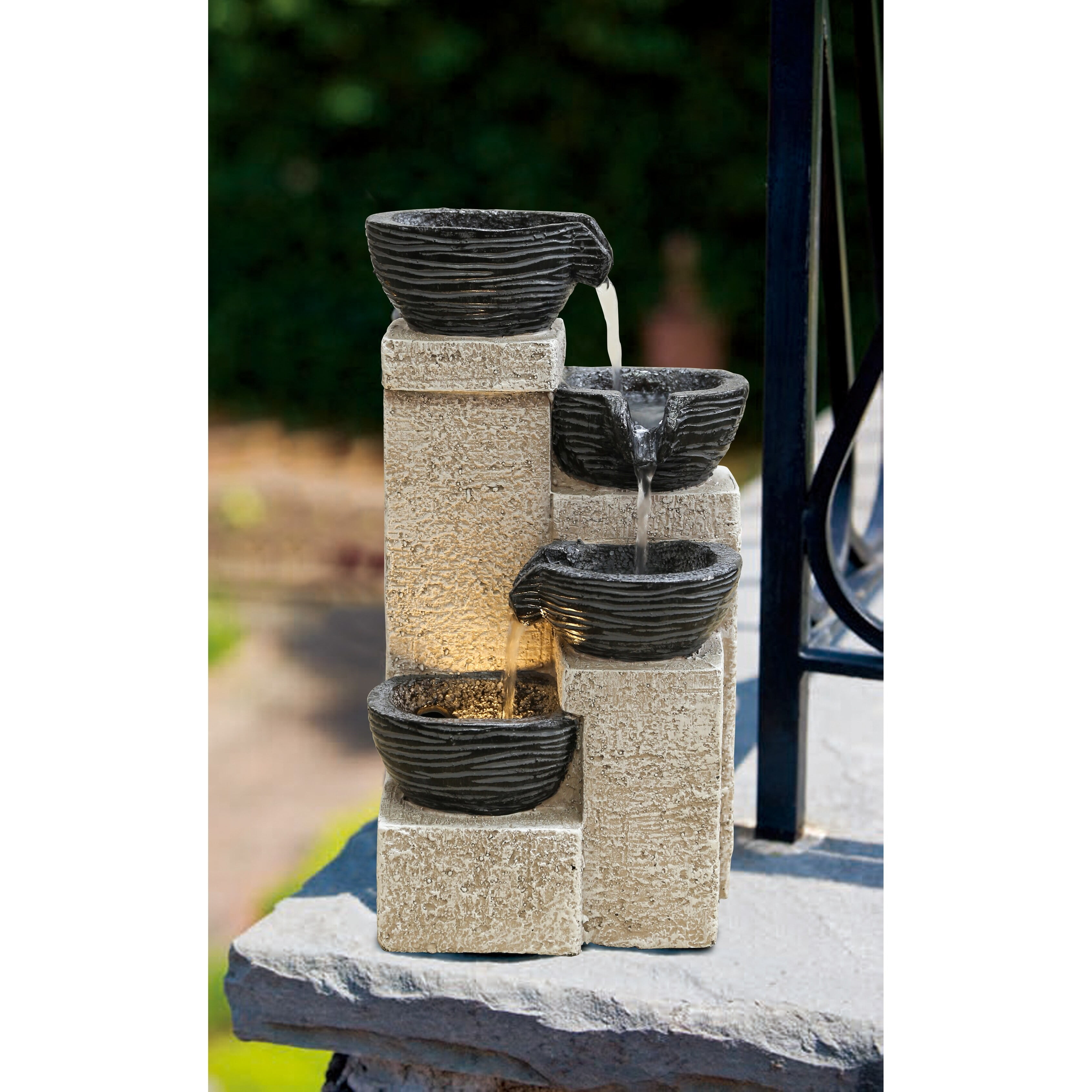 11" Beige and Black Stacking Bowls Fountain with LED Lights