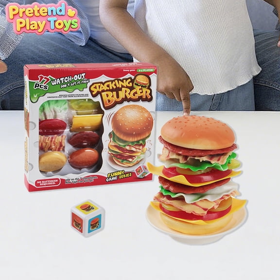 Stacking Burger Balance Tabletop Game,Kids Pretend Play Fake Burger Layer Balancing Tower Toy, Preschool Educational Learning Toys,Imaginative Family Interactive Role Play Game for Boys Girls Ages 3+