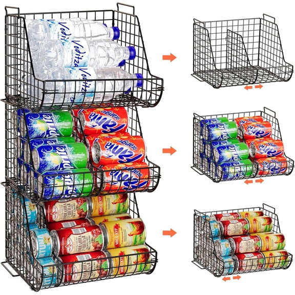 Stacking Can Dispensers 3 Tiers with 3 Dividers, Large Pantry Jar Organizer, Beverage Beverage Soda Can Storage Basket, Pantry Can Rack, Kitchen Cabinet Canning Food Shelf Line Box (Pack of 3)
