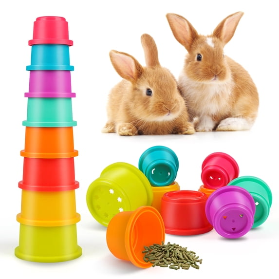 Stacking Cups for Rabbits, Bunny Toys, 8PCS Stackable Plastic Pet Nesting Snack Cup, Chinchilla, Guinea Pig and Parrot Enrichment Toys for Hiding Food and Playing