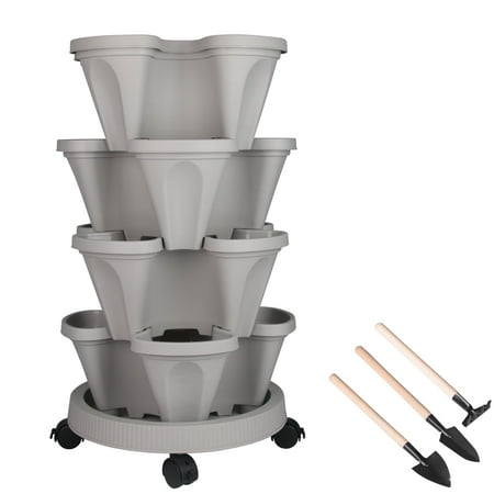 Stacking Flower Pot - Space Saving 4-Tier Indoor Outdoor Vertical Stackable Plastic Herb and Flower Planters - Gray