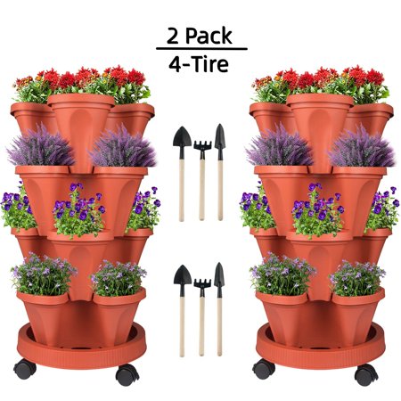 Stacking Flower Pot - Space Saving 4-Tire Indoor Outdoor Vertical Stackable Plastic Herb and Planters - Red,2 Set