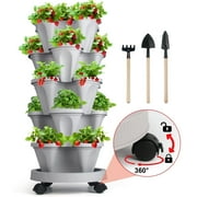 Stacking Flower Pot - Space Saving 5-Tier Indoor Outdoor Vertical Stackable Plastic Herb and Planters - Gray