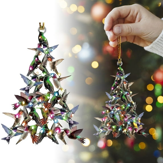 Stacking Hummingbird Christmas Ornaments, Birds On Branch, Colorful 2D Acrylic Winter Tree Decor for Indoor Outdoor Hanging Window Decoration Perfect Gift for Hummingbird Lovers