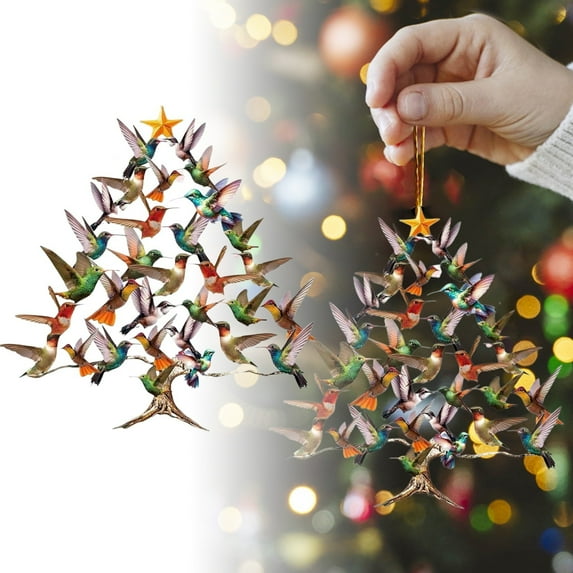 Stacking Hummingbird Christmas Ornaments, Birds On Branch, Colorful 2D Acrylic Winter Tree Decor for Indoor Outdoor Hanging Window Decoration Gift for Hummingbird Lovers