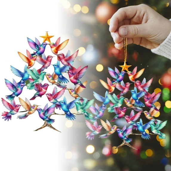 Stacking Hummingbird Christmas Ornaments, Birds On Branch, Colorful 2D Acrylic Winter Tree Decor for Indoor Outdoor Hanging Window Decoration Gift for Hummingbird Lovers