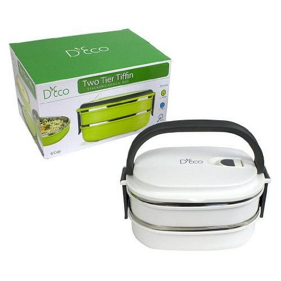 Stacking Lunch Box - Two Tier Tiffin w/Vacuum Seal Lid, Stainless Steel Interior, and Carrying Handles - BPA Free