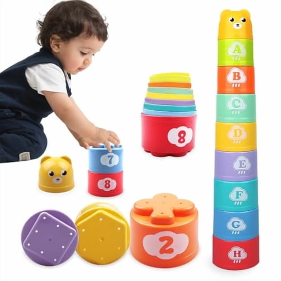 Stacking & Nesting Cups Baby Toy Set,Teething Toy for Babies Montessori Educational or Bath Fun,Stackable Number Blocks for Toddler Birthday Gifts