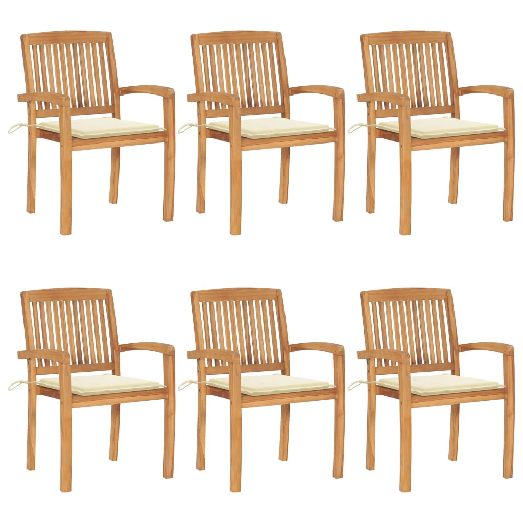Stacking Patio Chairs with Cushions 6 pcs Solid Teak WoodOutdoor Chairs Cream