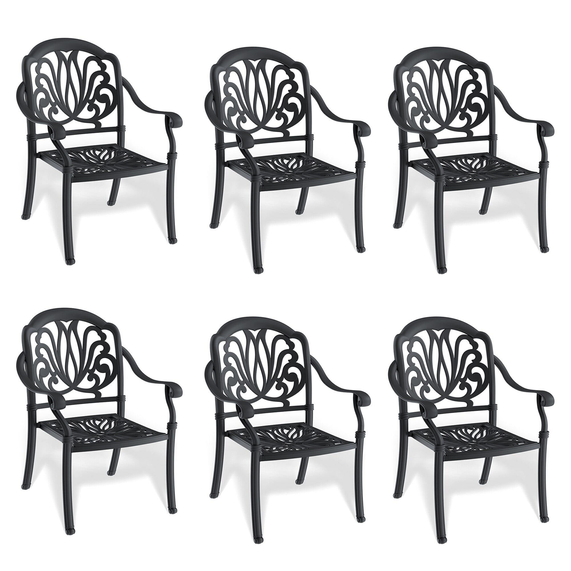 Black Cast Aluminum Outdoor Dining Chairs with Cushions, Set of 6