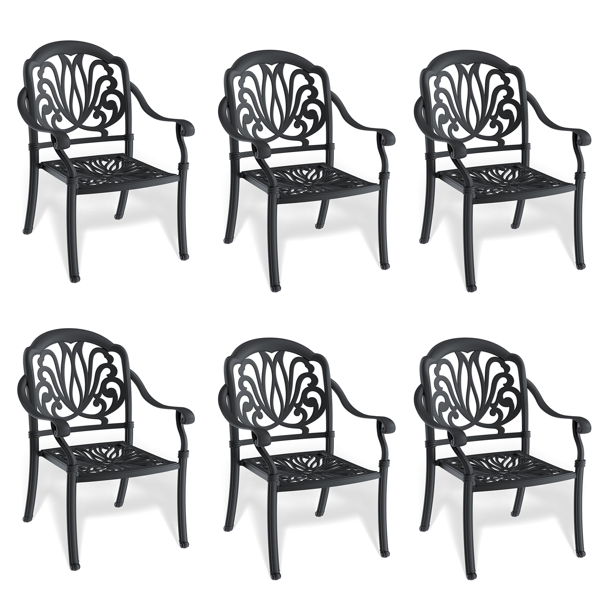 Black Cast Aluminum Outdoor Dining Chairs with Cushions, Set of 6