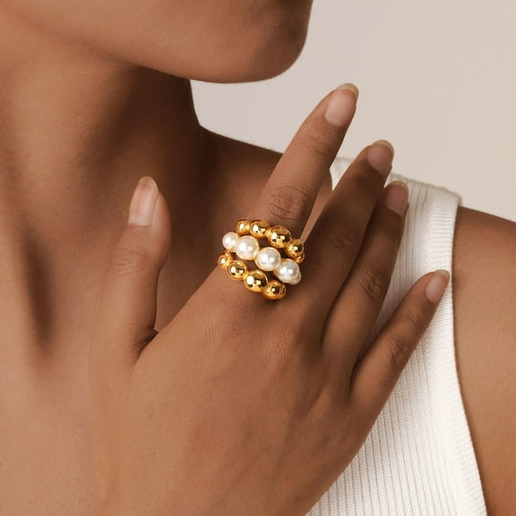 Stacking Pearl Ring for Women-18K Gold Plated Large Statement Ring, Vintage Chunky Simulated Pearl Ring Jewelry Gifts, Women's Stacking Rings for Wife, Girlfriend, Fit Size 6 to 8