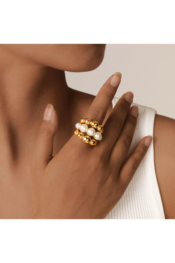 Stacking Pearl Ring for Women-18K Gold Plated Large Statement Ring, Vintage Chunky Simulated Pearl Ring Jewelry Gifts, Women's Stacking Rings for Wife, Girlfriend, Fit Size 6 to 8