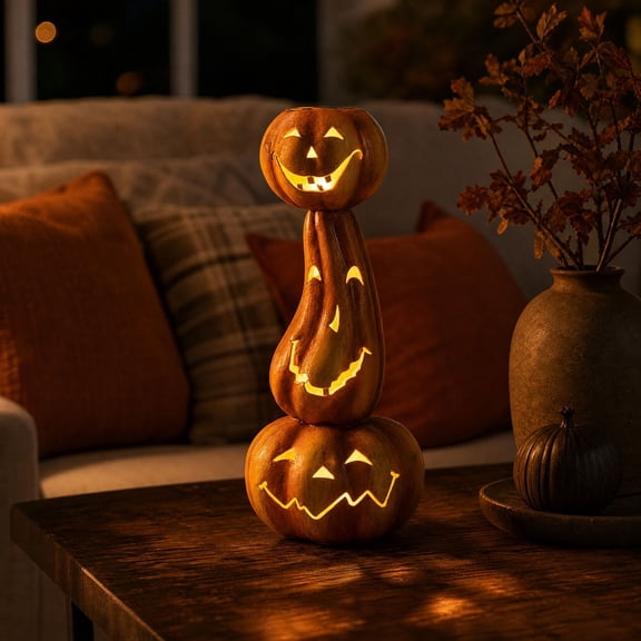 Stacking Pumpkin Candle Holder, Resin Jack O Lantern Halloween Tabletop Decoration for Mantel Entryway Fall Home Decor