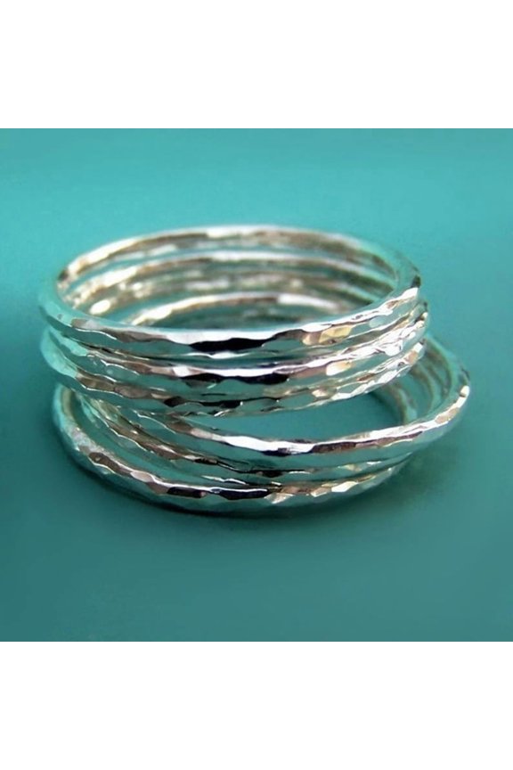 Stacking Ring Set Thin Hammered Sterling Silver Rings | Set of Six Delicate Silver Bands for Minimalist Style
