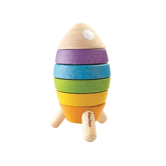 PlanToys Wooden Stacking Rocket Toy for Toddlers | Montessori Educational STEM Learning Toy | Colorful Wooden Rocket Ship Stacker for Fine Motor Skills, Problem Solving, Preschool Gift